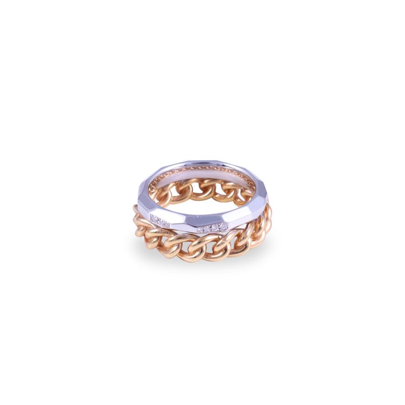 Pomellato, Anello "Milano" in due fedi unite, oro bianco e oro rosa 18 kt con brillanti