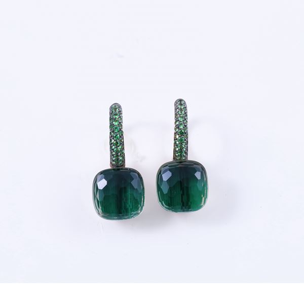 * 18KT GOLD EARRINGS SET WITH TSAVORITE GARNETS, PRASIOLITE AND MALACHITE, BY POMELLATO "Nudo"