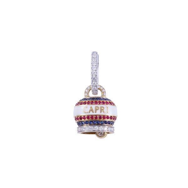 * 18KT GOLD SINGLE EARRING SET WITH DIAMONDS, SAPPHIRES, RUBIES AND WHITE ENAMEL, BY CHANTECLER "Campanelle Capriness"