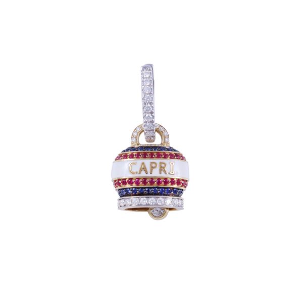 * 18KT GOLD SINGLE EARRING SET WITH DIAMONDS, SAPPHIRES, RUBIES AND WHITE ENAMEL, BY CHANTECLER "Campanelle Capriness"
