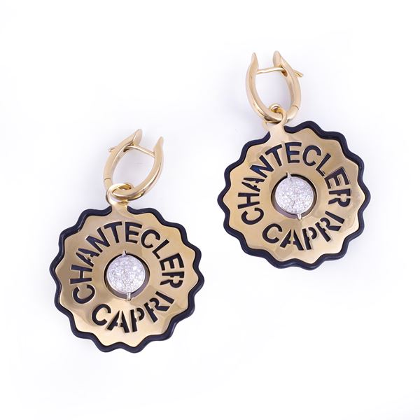 * 18KT GOLD AND OPAQUE BLACK RESIN EARRINGS SET WITH DIAMONDS, BY CHANTECLER "Logo"