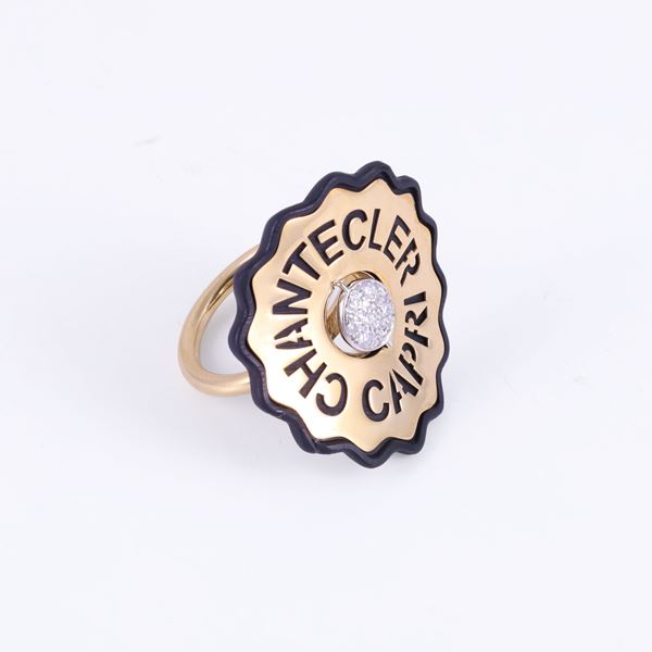 * 18KT GOLD AND OPAQUE BLACK RESIN RING SET WITH DIAMONDS, BY CHANTECLER "Logo"