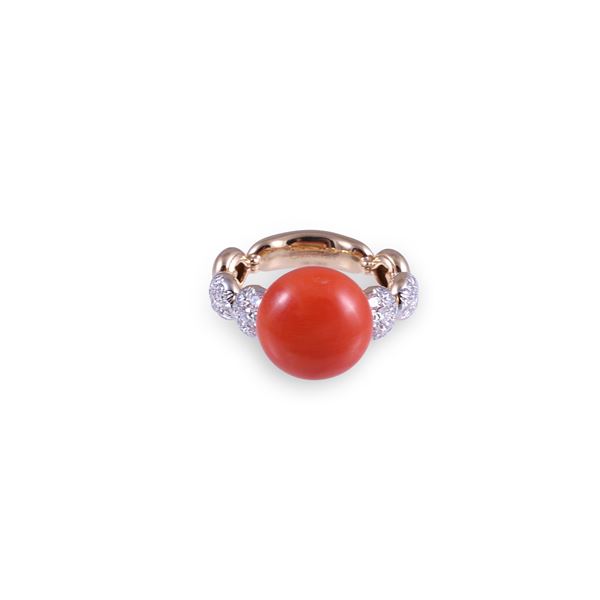 * 18KT GOLD RING SET WITH CABOCHON-CUT CORAL AND DIAMONDS, BY CHANTECLER "Bon Bon"