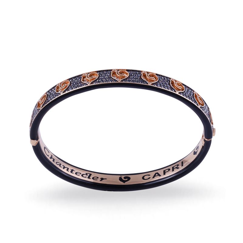 Chantecler, Bracciale rigido “Carousèl” in ceramica nera e metallo brunito con diamanti neri e br...