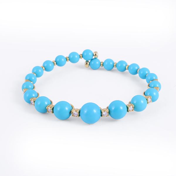 * 18KT GOLD SEMI-RIGID BRACELET SET WITH TURQUOISE AND DIAMONDS, BY CHANTECLER "Cherie"