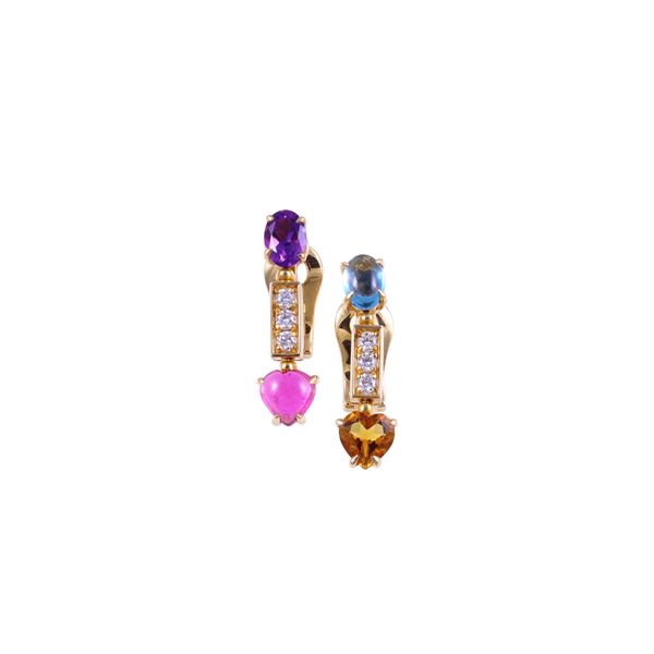 * 18KT GOLD EARRINGS SET WITH BLUE TOPAZ, QUARTZ, AMETHYST, TOURMALINE AND DIAMONDS, BY BULGARI "Allegra"