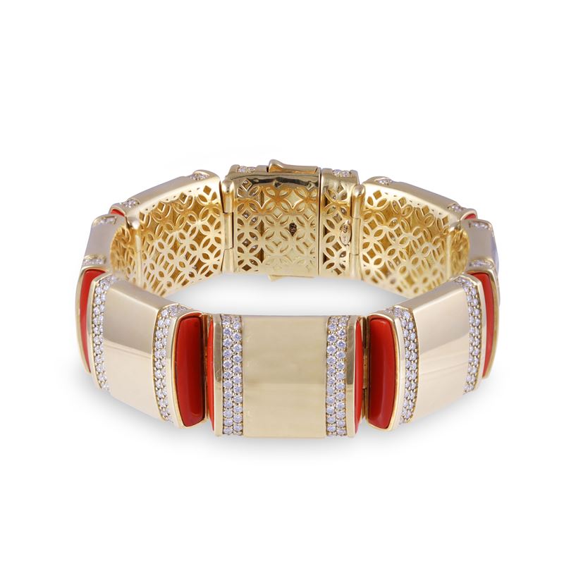 Dámaso Martínez, Bracciale a fascia modulare in oro con inserti in pietra dura e brillanti