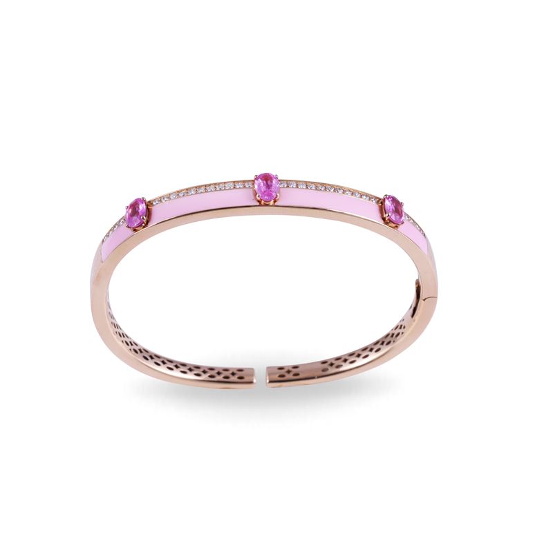 Dámaso Martínez, Bracciale rigido in oro rosa 18 kt con brillanti, smalto e corindoni rosa