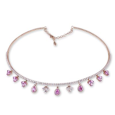 Choker, oro rosa 18 kt con molla interna, brillanti in linea e corindoni rosa con pendenti a gocc...