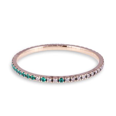 Bracciale in oro rosa 18 k con molla interna, decorato con smeraldi e brillanti
