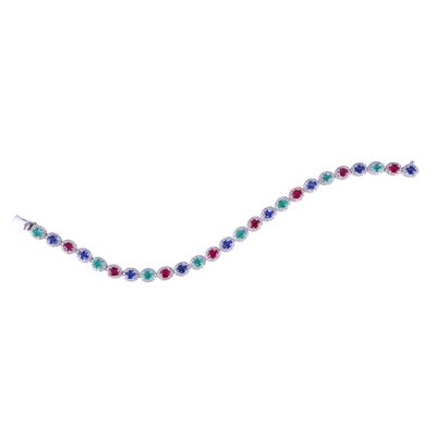 Bracciale, oro bianco 18 kt con zaffiri, rubini e smeraldi ovali alternati