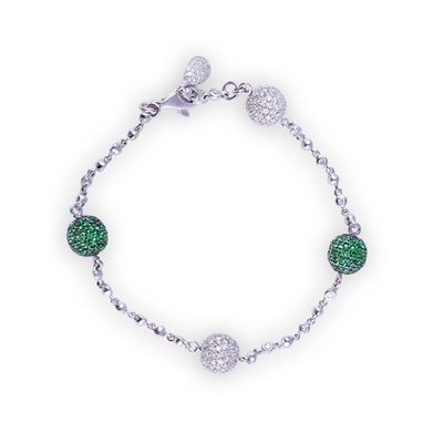 Bracciale, oro bianco e brunito 18 kt con brillanti e tsavoriti