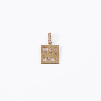 Oro giallo 18 kt, pendente con simbolo zodiacale del Sagittario e maglia con brillanti