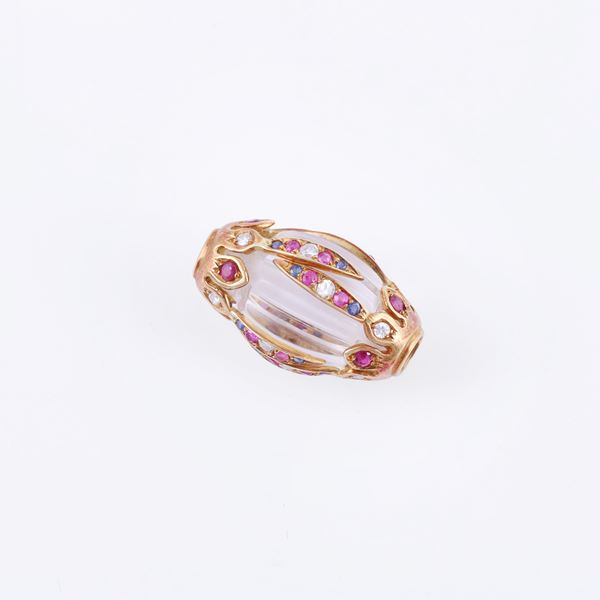 * 18KT GOLD PENDANT SET WITH QUARTZ, DIAMONDS (one missing), RUBIES AND SAPPHIRES