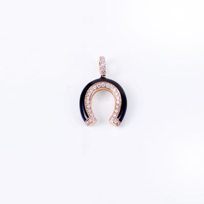 Oro rosa 18 kt, Pendente a ferro di cavallo con scritta “Good Luck”