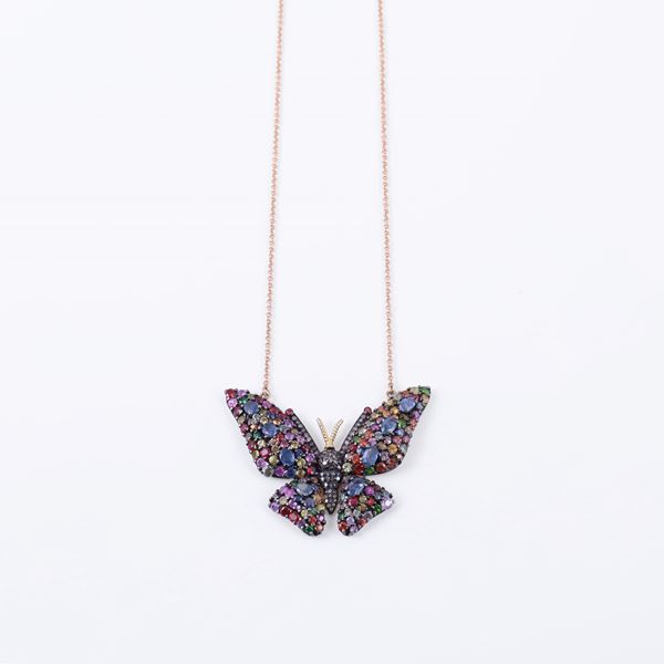 * 18KT GOLD CHAIN WITH GEM-SET SILVER PENDANT