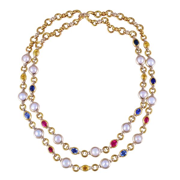 * 18KT GOLD NECKLACE SET WITH BLUE AND YELLOW SAPPHIRES, RED SPINEL AND MABÉ