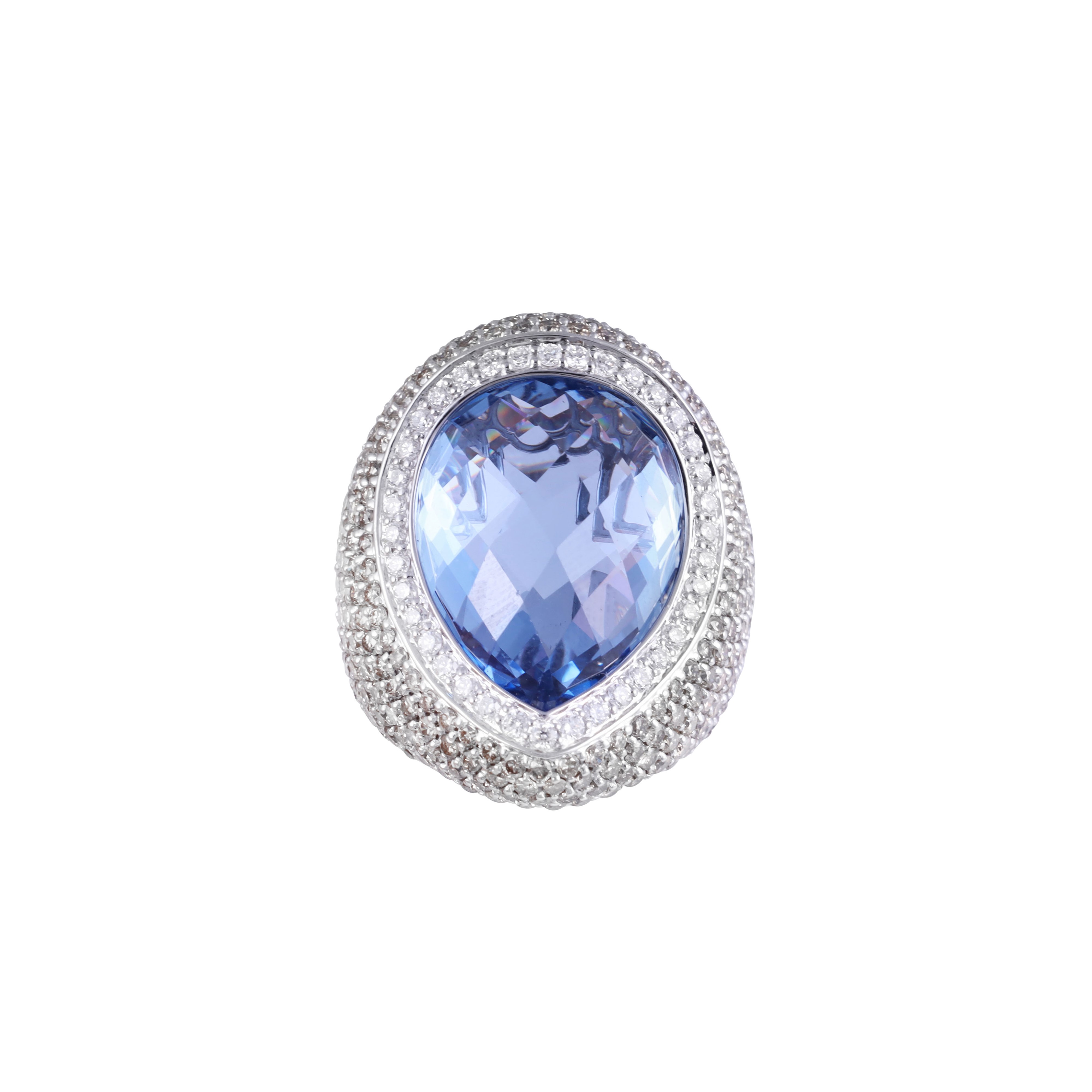 Bonato, Anello a larga fascia in oro bianco 18 kt con topazio azzurro a goccia e diamanti