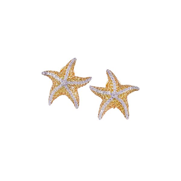 * 18KT GOLD EARRINGS SET WITH YELLOW SAPPHIRES (one missing) AND DIAMONDS