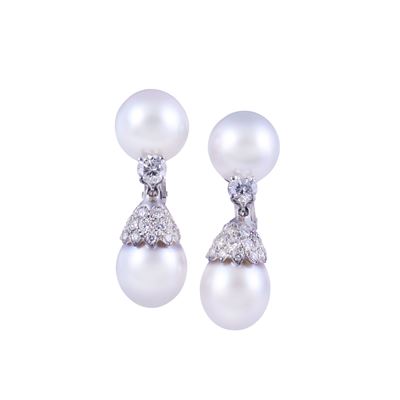 Orecchini con clip, oro bianco 18 kt, brillanti e perle coltivate South Sea