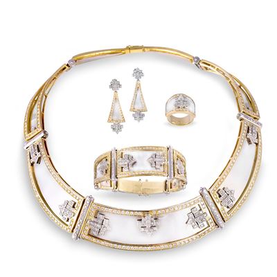 Parure, gioielli in oro bianco e giallo 18 K con brillanti
