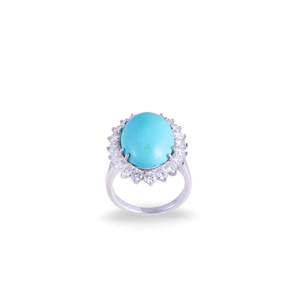 18KT GOLD RING SET WITH TURQUOISE AND DIAMONDS