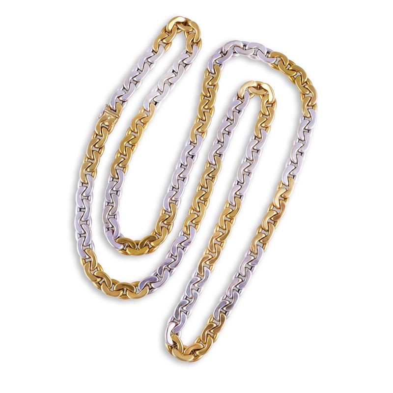 Lunga catena a maglia ghoumette, oro bianco e giallo 18 kt
