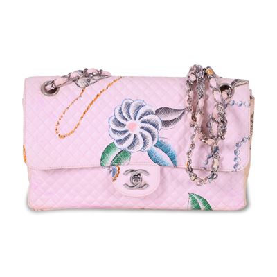 Chanel, Borsa Timeless Classique pink “Vintage” (tessuto trapuntato, tracolla in metallo argentat...