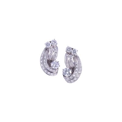 Orecchini in oro bianco 18 kt con clip, doppi nastri e brillanti (ca. 3 ct), gr. 16,6