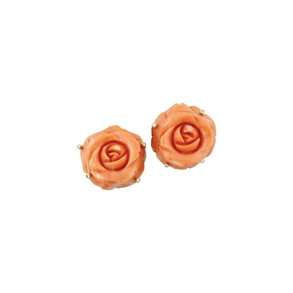 PAIR OF CORAL, DIAMOND AND GOLD EARRINGS