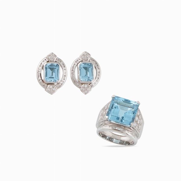 Anello ed orecchini in O.B. con acquamarina e brillanti...