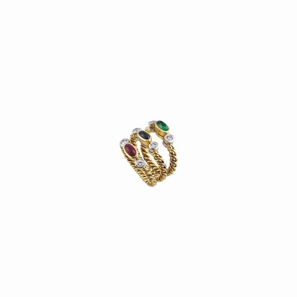 Pomellato : THREE SAPPHIRE, RUBY, EMERALD, DIAMOND AND GOLD RINGS  - Auction Important Jewels and Silver - Casa d'Aste International Art Sale