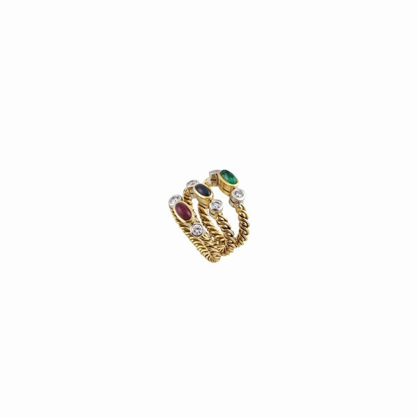 Pomellato - THREE SAPPHIRE, RUBY, EMERALD, DIAMOND AND GOLD RINGS
